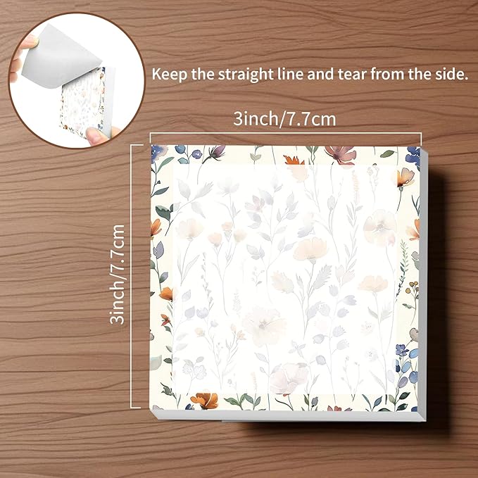 Sticky Notes, 2 Pads, 3x3 inches, Cute Colorful Fun Self-Stick Note Pads, Easy Post, Strong Adhesive Notepad Soft Watercolor Wildflowers