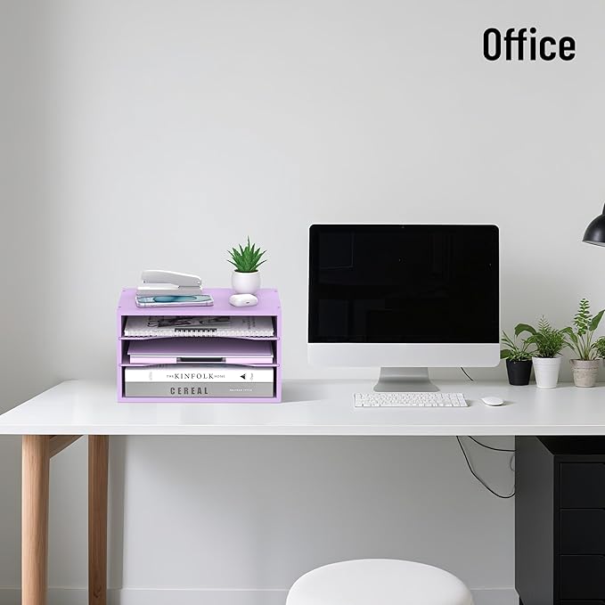 Wood Desk Organizer, 3 Tier Paper Tray Organizer for Desk with Adjustable Storage Shelves, Desktop Paper Sorter Mail Holder for Office Home Classroom, Purple