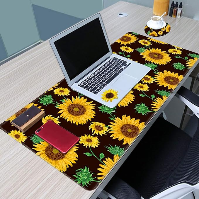Large Gaming Mouse Pad with Stitched Edges, Desk Pad Protector, Computer Keyboard Mouse Mat Non-Slip Cute Desk Decor for Home/Office/Study Accessories+ Coaster, Sunflower Yellow