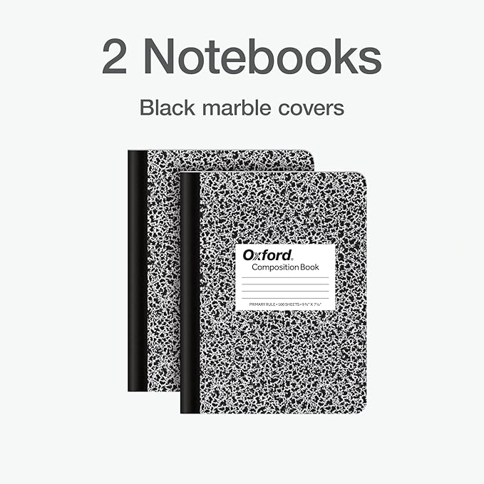Oxford Primary Ruled Composition Notebooks, 9-3/4 x 7-1/2 Inches, Writing Practice for Kids, Grades K-2, Black Covers, 100 Sheets, 2 Pack (1002521)