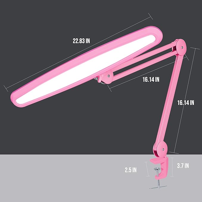 Neatfi XL 2,200 Lumens LED Desk Lamp, 23 Inches 24W, Adjustable Arm, Dimmable, Eye Caring, Nail Light for Home, Office, Study Lamp (Non-CCT with Clamp, Pink)