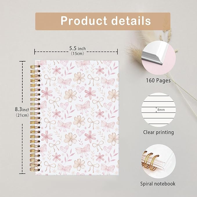 MOFUYU Wildflower Spiral Notebook for Girls,Journals for Women,Coquette Pink Bow Floral Journal A5,Spiral Notepad for Daily Writing,Pretty Gift for Teen Girls or Students,Notebook Gift for Women