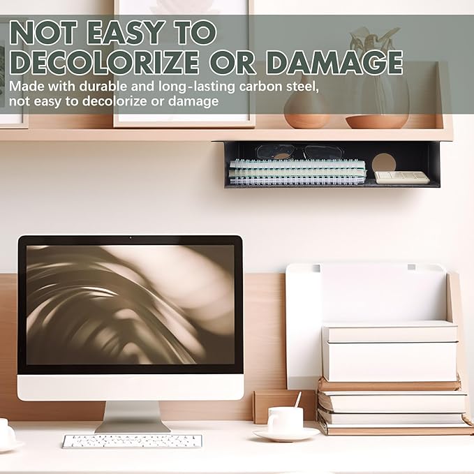 2 Pack Under Desk Storage Shelf, Carbon Steel Under Desk Tray with Mute Felt Sheets, Mount Shelf Organizer for Office Home Workstation Gaming Desk Stand up Desk, 13x8x2.8 in