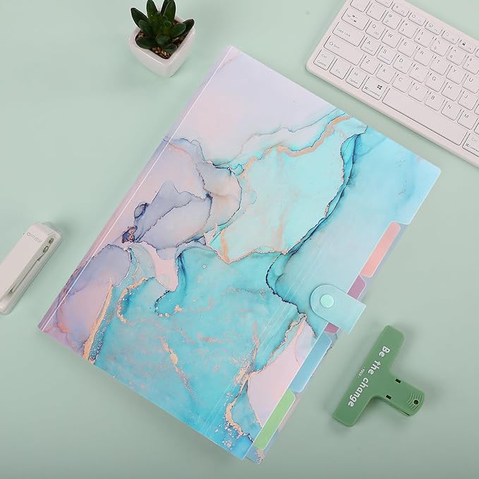 SKYDUE 5 Pockets Expanding File Folder, File Folders, Cute Accordion File Organizer with Labels (1 Pack, Lightblue)