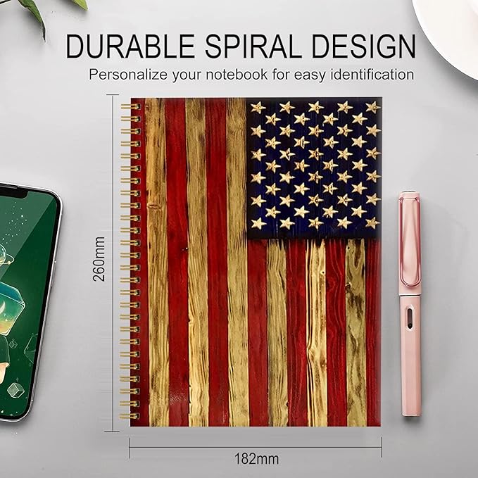 Spiral Journal Notebook for Women,A5 College Ruled Notebooks 6"x 8.4",120 Pages Lined Journal with Premium Thick Paper,Perfect for School Office Home Gifts(Wood American Flag)