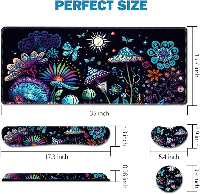 AIMSA Large Gaming Mouse Pad Set, Keyboard Wrist Rest Support+ Extended Mousepad+ Mouse Wrist Cushion+Coaster, Ergonomic Multifunctional Desk Mat 35x15.7in, Colorful Abstract Mushrooms