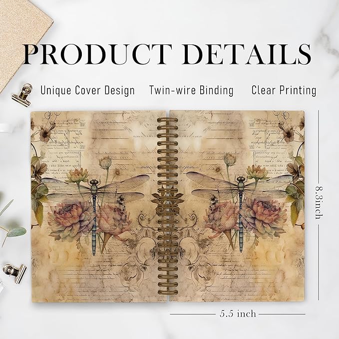 Dragonfly Flower Spiral Notebook, Dragonfly Gifts for Women, Vintage Dragon Fly Journal Notebook, Dragonfly Notebooks for School Work, Dragonfly Office Supplies Gifts for Women Men, 5.5x8.3 Inch