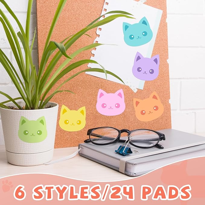 Yinder 24 Pads Cute Sticky Notes Kawaii Fun Animal Sticky Notes Pads Bulk Cartoon Memo Self Adhesive for Veterinary Gift Office School Tab Party Supplies(Novelty Cat)