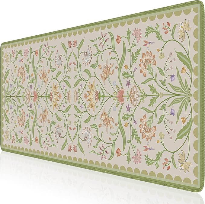 HAOCOO Light Green Iris Flower Desk Pad Mat, Non-Slip XXL Mouse Pad with Stitched Edges, Cute Floral Computer Mat, Elegant Desk Decor for Home, School, Office Accessories