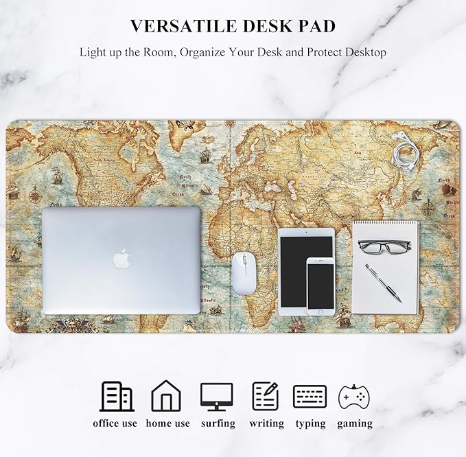 Auhoahsil Large Gaming Mouse Pad, Vintage Map Theme XXL 35.4 x 15.7 in Desk Pad Stitched Non-Slip Rubber Long Computer Mousepad Thin Extended Full Size Desk Mat for Desktop, Laptop, Wireless Mice