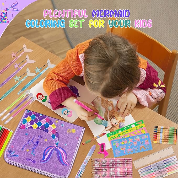 Mermaid Art Craft Kit for Kids, 56 Piece Set with Pencil Case, Markers, Crayons, Gel Pens, Erasers, Stencils, Ruler