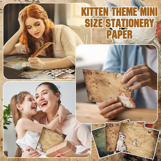 TaoBary 160 Pcs Stationery Paper Set 50 Double Sided Stationery Papers with 50 Matching Envelopes and 60 Round Dot Sticker, 10 Design(Cat,5.5 x 8.25 Inch)