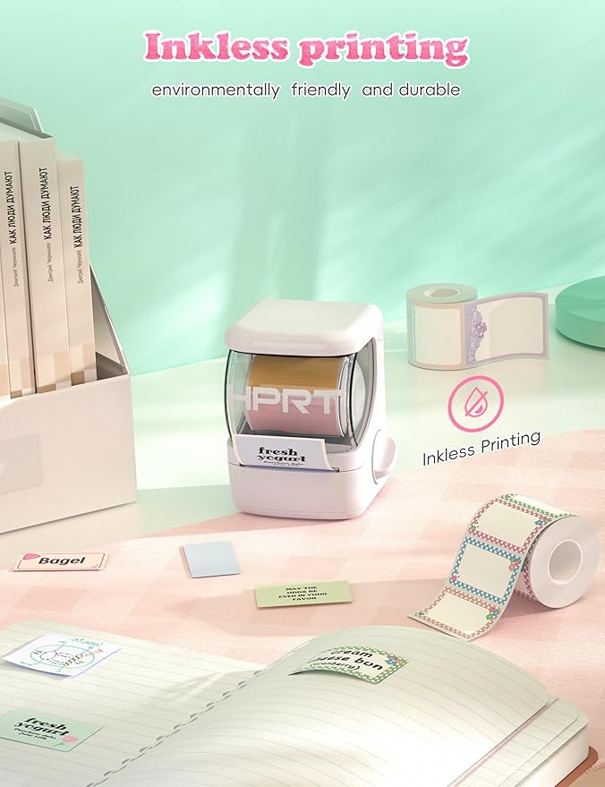 HPRT NEW1 Label Maker - Label Make Machine with 1 Roll Tape Portable Bluetooth Thermal Printer for Smartphone iPhone&Andriod, White
