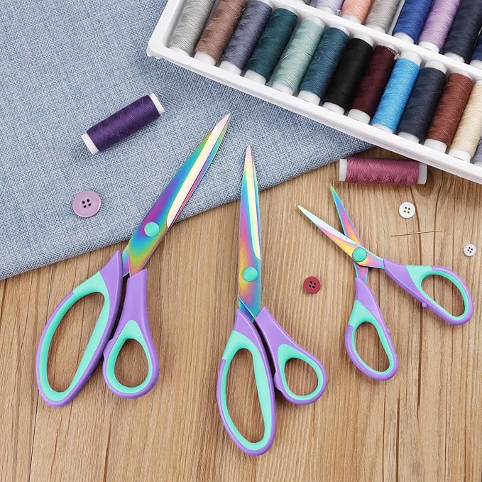 Scissors, Sharp Titanium Coating Blades, Soft Grip Handle, Multi-Purpose Scissors Set of 3 Suitable for Families, Office, and School Use, Purple Green