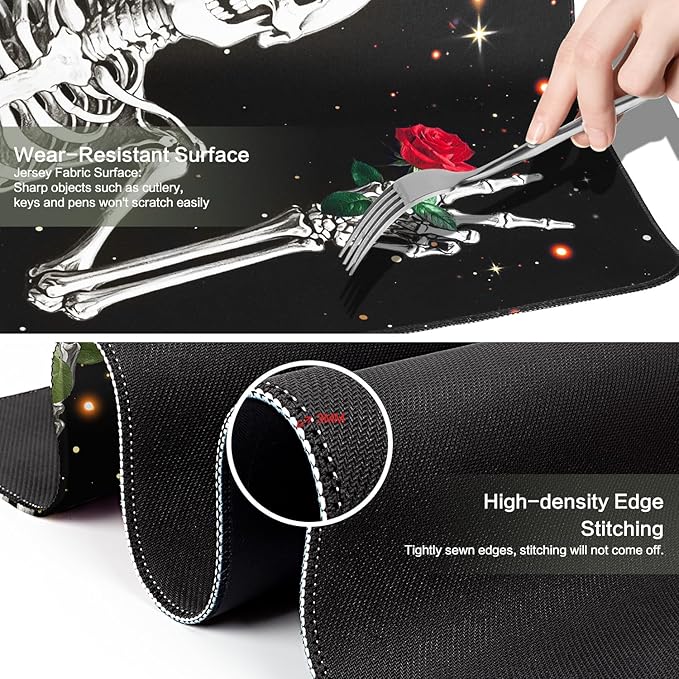 Love, Roses and Skulls Mouse Pad Desk Mat, Waterproof Black XXL Extended Large Gaming Mouse Pad Halloween Skull Rose Desk Pad Mousepad XXL Extended Keyboard Mat Mouse Mat, 31.5 x 15.7 in