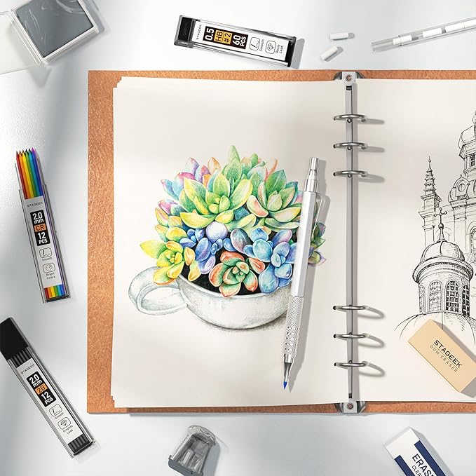 25PCS Art Mechanical Pencil Set, 3PCS Metal lead pencil 0.5, 0.7, 0.9, 2PCS 2mm Drawing Pencil (HB 2H 2B 4B Color) with 392PCS Graphite Leads, Eraser with Case for Drafting Drawing Writing