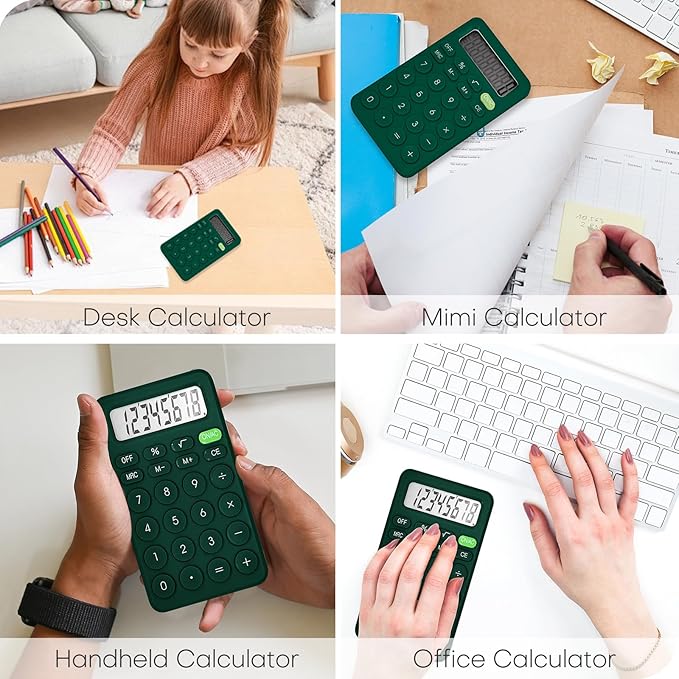 Cute Basic Four Function Calculator for Teachers & Students - Small Handheld, 8 Digit LCD Display, Sensitive Buttons, 5.5 x 3.2 inches, Deep Green
