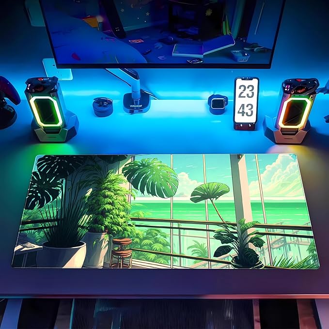 XL Desk Pad Mat, Extended Gaming Mousepad 31.5 x 15.7 in, Non-Slip Computer Mat with Stitched Edges, Green Tropical Plants Design for Desk, Keyboard & Mouse