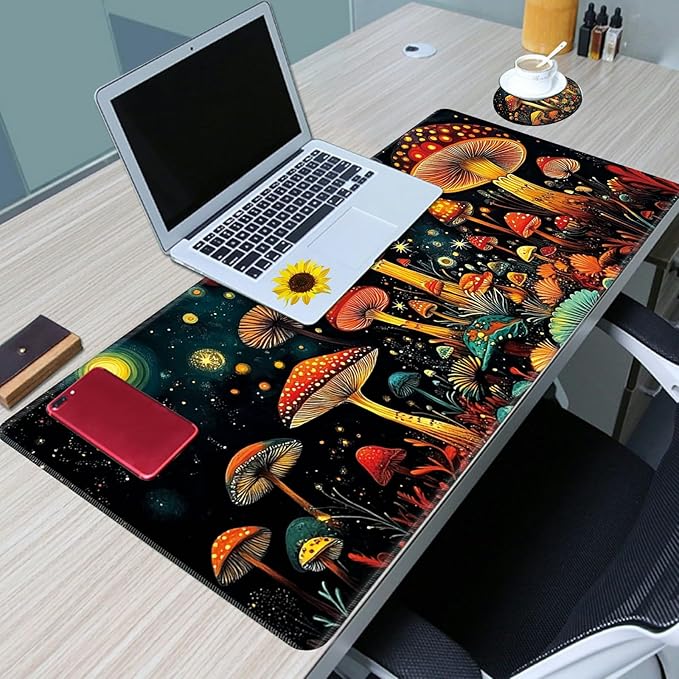 Desk Mat Large Gaming Mouse Pad (31.5x11.8 inch) with Stitched Edges, XL Mouse Pad +Coaster, Extended Mouse Mat Keybroad Mousepad Non-Slip Rubber for Gamer Men Women, Mushrooms Night