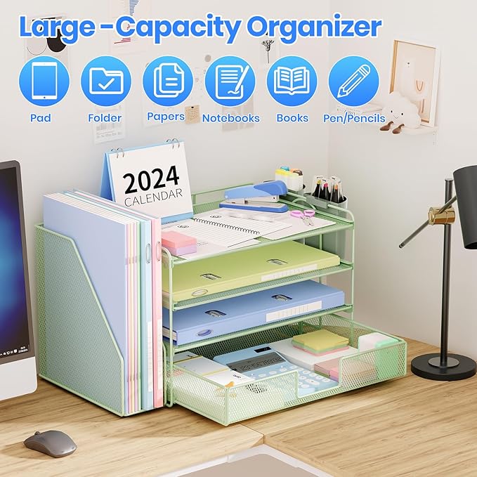 Desk Organizer and Accessories, 4-Tier Desktop File Organizer with Drawer and 2 Pen Holders, Office Desk Accessories for Office Supplies(Green)