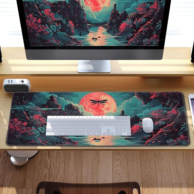 Japanese Desk Mat Riverside Full Moon Desk Pad Psychedelic Mlarge Mouse Pad Dragonfly Gaming Mousepad Extended XL Keyboard Pad 31.5 x 11.8 in Laptop Computer Mouse Keyboard Mat for Office Desk Decor