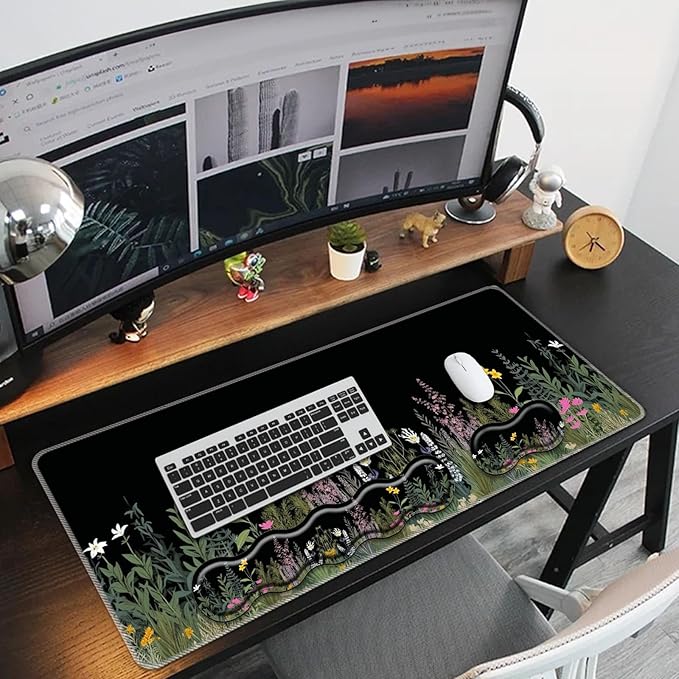 Keyboard Mouse Pad Set,Large Mouse Pad+Keyboard Wrist Rest+Wrist Support+Coaster,31.5x11.8in Extended Desk Mat for Computer Laptop Office Home - Weeds