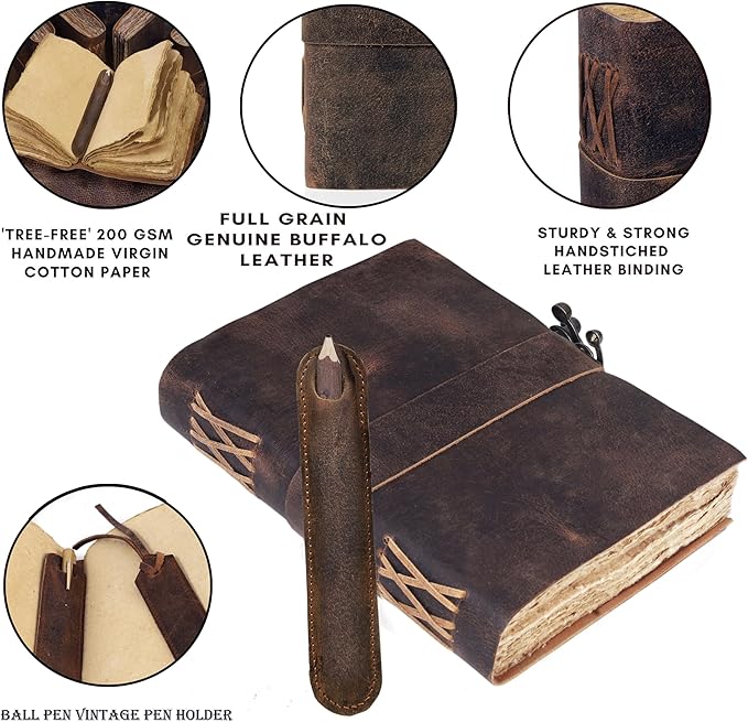 HLC Leather Journal, 200 Pages of Antique Deckle Edges Handmade Paper Vintage Journals for Men & Women, Vintage Lock Closure Rustic Brown Leather Gifts with Pen Holder (10" X 7" inches)