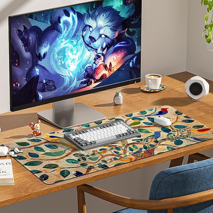 Large Desk Mat Set, Extended Gaming Mouse Pad with Wrist Rest, 4 in 1 Ergonomic Mouse Pad with Wrist Rest Keyboard Mat Combo for Home Office, Colorful Tree Bird