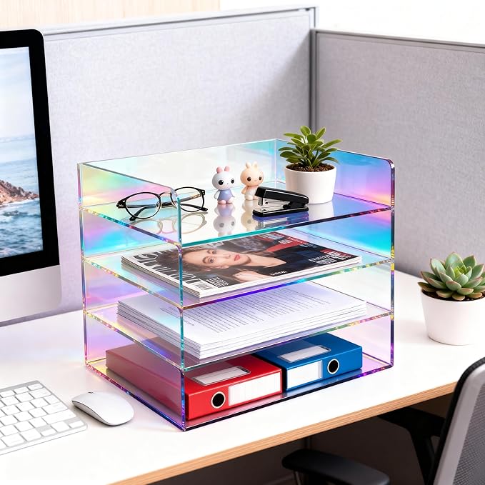 Gelite Acrylic File Organizer for Desk 4 Tiered Stackable Letter Tray Office Paper Storage Desktop Document Sorter, Iridescent