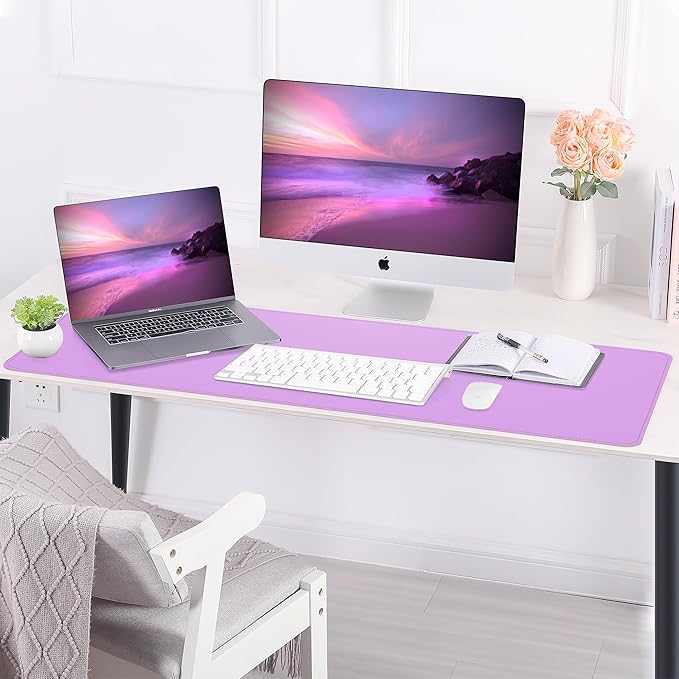 Leather Desk pad Protector, Large Desk mat with Natural Cork & PU Leather,Mouse pad,Non-Slip Office Desk Mat,Waterproof Desk Writing Pad for Office and Home (47in*17in, Purple)