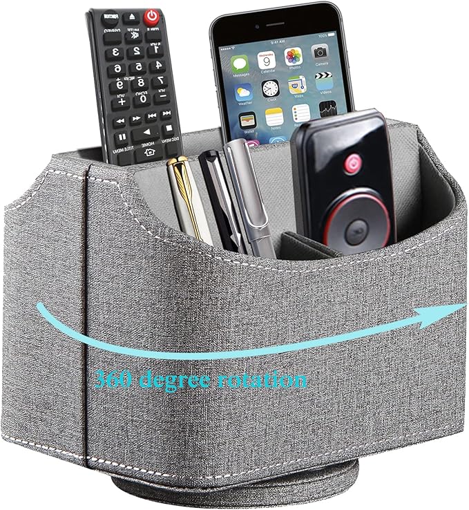 Leather Remote Control Holder 360 Degree Spinning, Desk Organizer for TV Remote Controllers, Caddy,Pen,Calculator,Media Player Storage box (Grey)