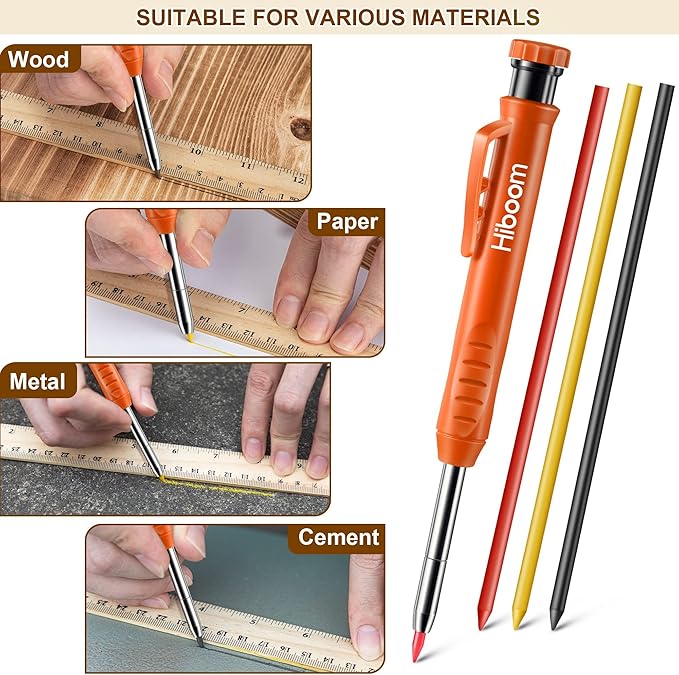 Hiboom 2 Pack Solid Carpenter Pencils with Pencil Cap and 18 Refills, Long Nose Deep Hole Mechanical Pencil Marker, Scribe Tool with Built-in Sharpener for Construction Woodworking Architect (Orange)