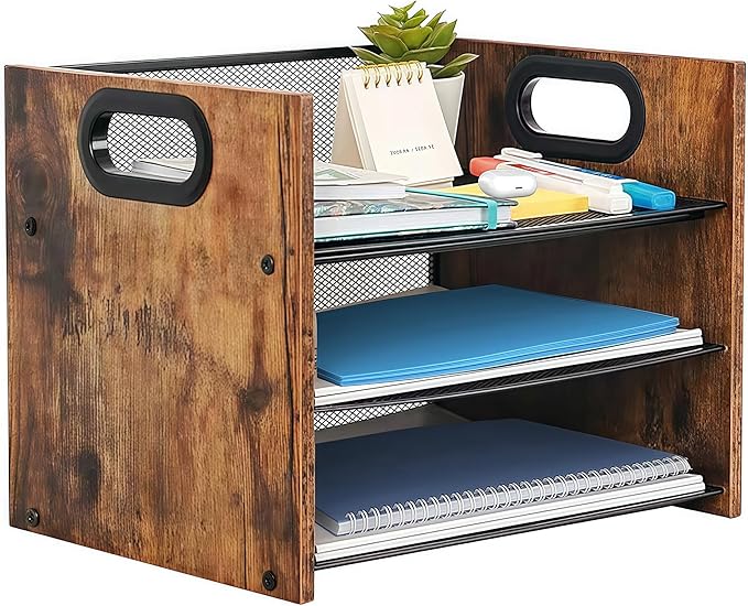 Wood Desk Organizer - 3-Tier Desktop File Organizer, Wooden Paper Tray, Office Desk Organzier and Accessories for Papers, Mail, Notebooks, Stationery