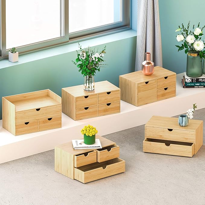 Wisuce Bamboo Desk Organizer - Mini Desktop Drawer Tabletop Storage Organization Box for Office Home Toiletries Supplies, No Assembly Required (3 Drawer)