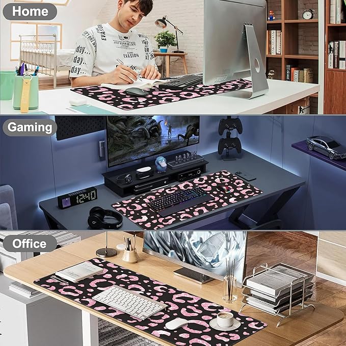 Mouse Pad, Large Rose Pink Leopard Printings Desk Mat, Extended Non-Slip Gaming Keyboard Mousepad Desk Pad, Thick Stitched Edges Waterproof Mouse Mat 31.5"x15.7" (Glittery Leopard Prints)