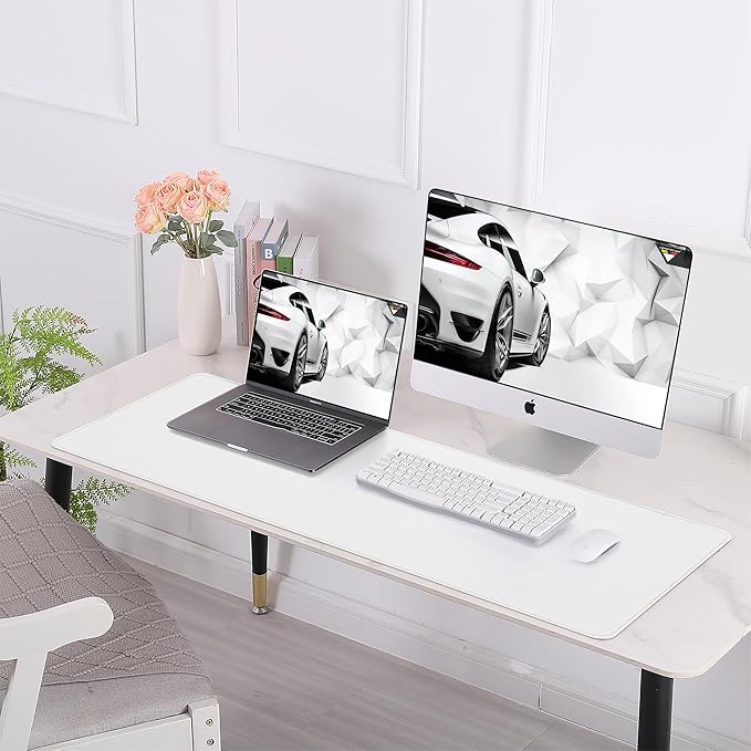 Leather Desk pad Protector, Large Desk mat with Natural Cork & PU Leather,Mouse pad,Non-Slip Office Desk Mat,Waterproof Desk Writing Pad for Office and Home (47in*17in, Ivory White)