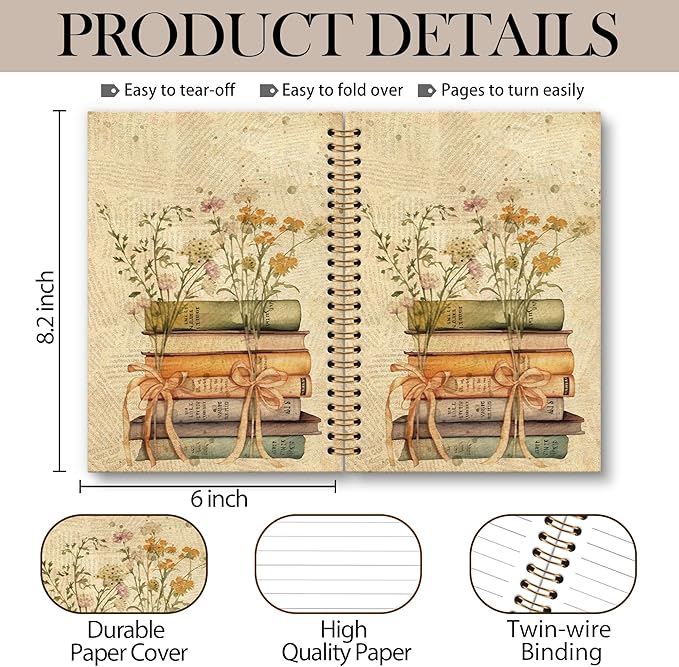 Book Floral Notebook Journal - Vintage Floral Journal, Vintage Flower Bow Book Lovers Spiral Notebook, Vintage Notebooks Gifts for Women, Book Lovers Gifts School Office Supplies, 6x8.2In