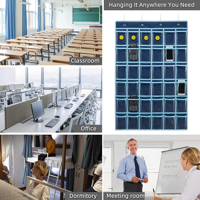 36 Clear Pockets Classroom Pocket Chart for Cell Phone and Calculator Holder, Door Hanging Pocket Chart for Classroom Phone Holder with Number Sticker and Hooks (Blue)