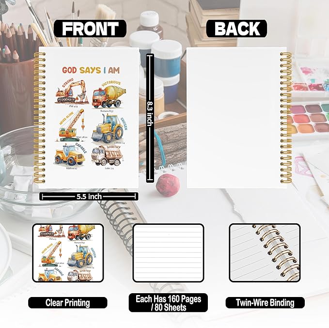 XPH Christian Construction Spiral Notebook, God Says I Am Bible Journaling Notebooks for Note Taking, Religious Hardcover Journal for Writing 160 Pages 5.5 x 8.3 Inch, Christian Gifts for Women Men