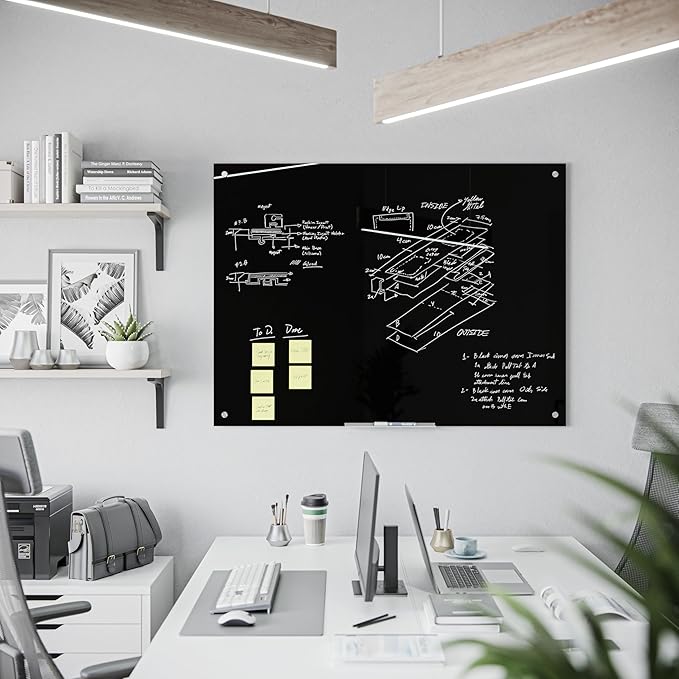 U Brands Glass Dry Erase Board, 36" x 48", Black Surface With Silver Grommets, Frameless, Includes Marker With Eraser