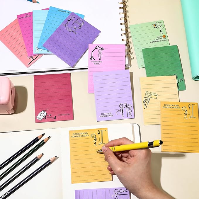 12 Pcs Funny Sticky Notes for Work 4x3 Inches Sarcastic Self Adhesive Notepads Novelty Memo Note Pads for Office Coworker Gifts Employee Appreciation Supplies(Stick Man,Bright Color)