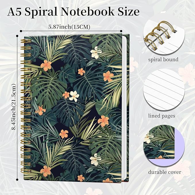 Spiral Notebook Journal for Women Men, A5 Hardcover Journal, 120 Pages Thick Paper, College Ruled Writing Notebook for School, Work & Office 8.3'' × 5.9''(Tropical Plants Hibiscus Flowers)