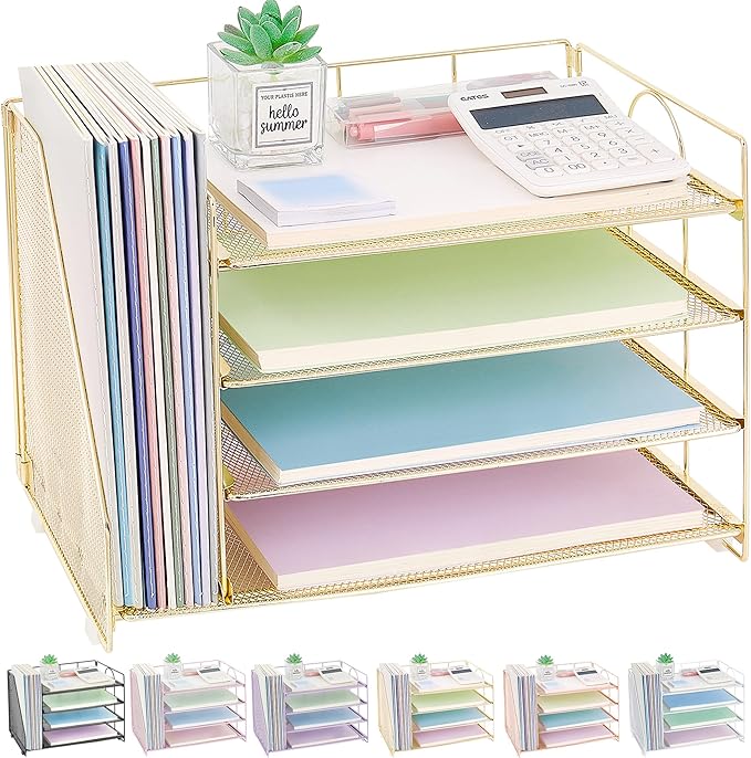 OPNCIE Desk Organizers and Accessories, 4 Tier Paper Letter Tray File Organizer, Desk Accessories Workspace Desktop Organizer for Classroom Office Supplies, Gold