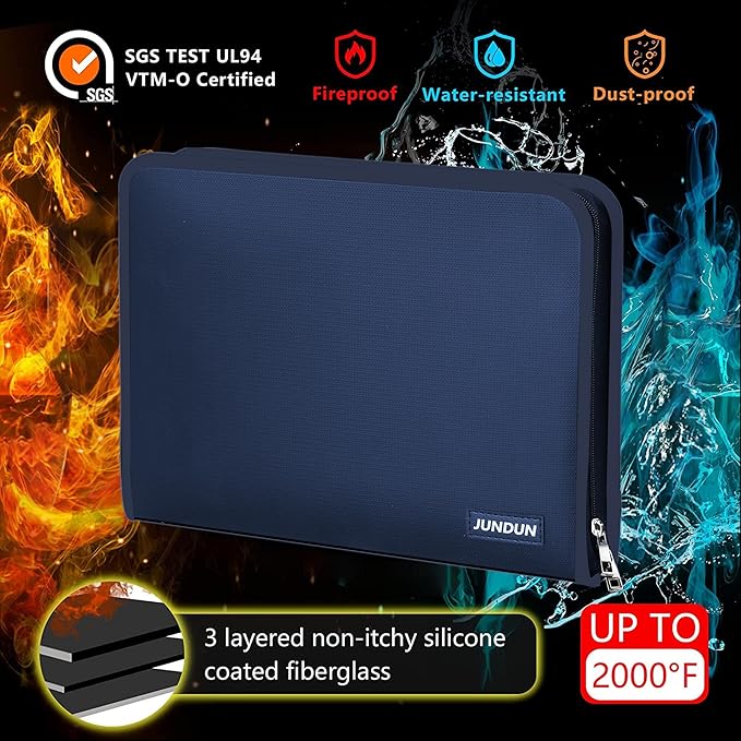 JUNDUN Accordion File Organizer - Fireproof Accordion Folder with Zipper & Labels - 12 Pocket Expanding File Folder with Multi-Pockets Paper Organizer Folder for Letter A4 Files and More (Blue)