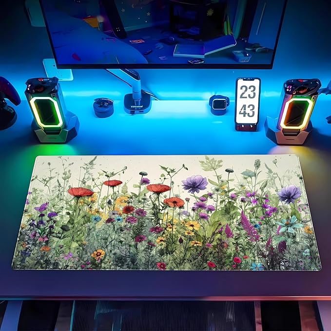 Boho Floral Desk Pad Watercolor Flowers Desk Mat XL Large Gaming Mousepad Extended Aesthetics Laptop Computer Keyboard and Mouse Pad Office Desk Decor for Women 31.5 x 15.7 in