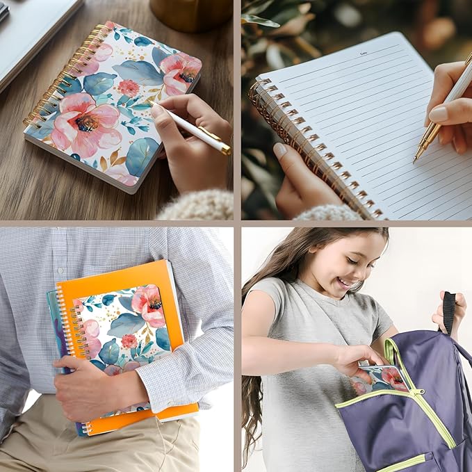 Cute Spiral Notebook journal A5 Aesthetic Pretty Floral Design for Women Girls Kawaii with Pocket, 8.5 x 5.7 inch, Pink Peony