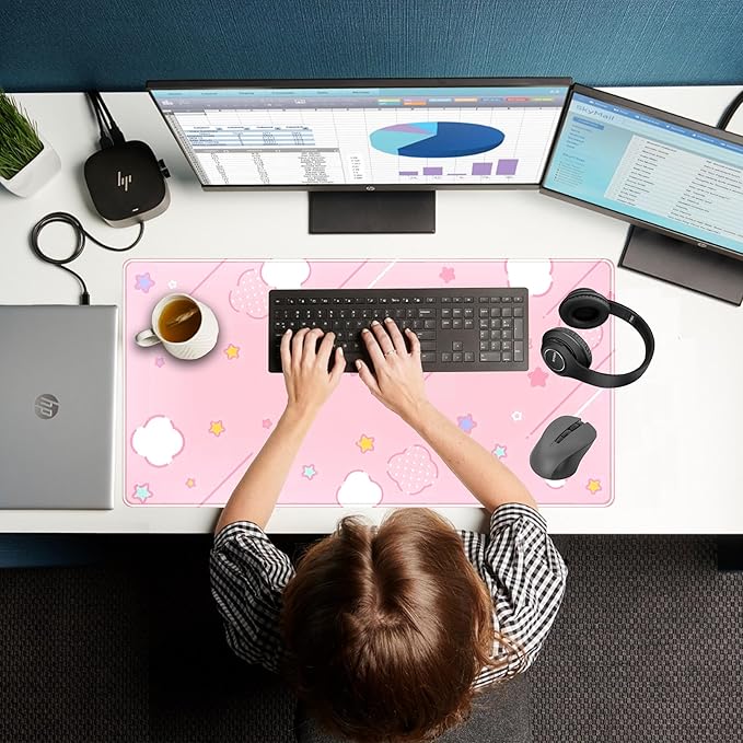 Pink Mouse Pad Large Desk Mat Gaming, Kawaii Desk Pads Stars Mouse Mat XXL Cute Keyboard Pad, Laptop Computer Mat with Non-Slip Base & Stitched Edges, Office Decor for Women 31.5" x 15.7"