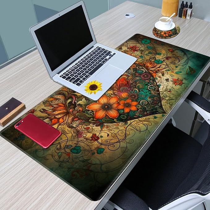 Extended Gaming Mouse Pad with Stitched Edges, Long XL Mousepad Desk Pad Keyboard Mat Water-Resistant for Work/Gaming/Office/Home, Koi Fish Heart-Shaped Flowers + Coasters and Stickers