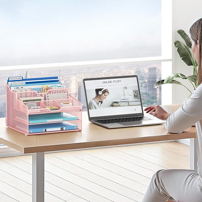 Lavatino Desk Paper File Organizer - Metal Mesh with 2 Letter Trays, 7 Flexible Dividers, 2 Vertical File Folder Holders for Office/Home/Classroom Supplies, Desk Organizers and Accessories, Pink