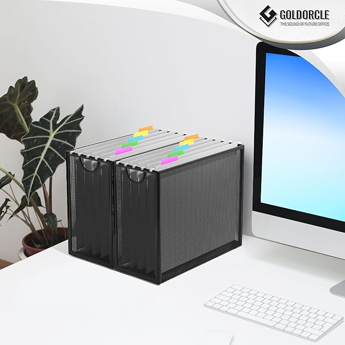 White Hanging File Organizer Box, Hanging File Folder Frame with 5 Letter-size Hanging Folders, Metal Mesh Desk File Folder Storage (No Assembly Required)